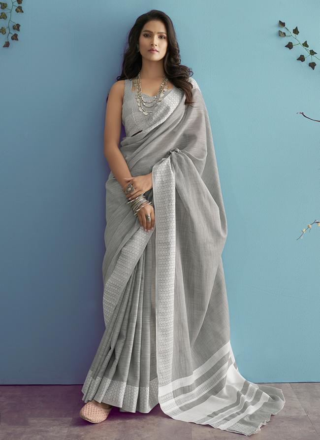 Grey Soft Linen Party Wear Lucknowi Saree