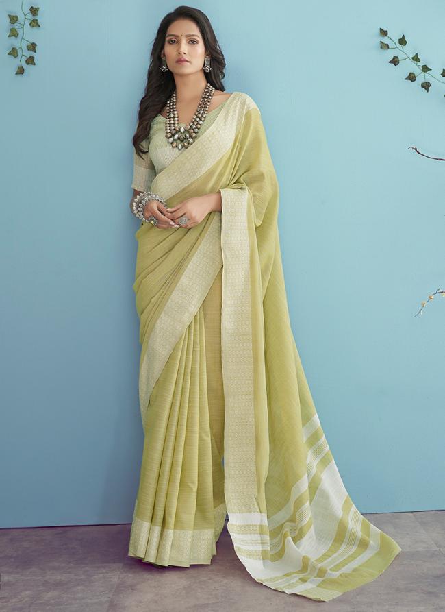 Light green Soft Linen Party Wear Lucknowi Saree