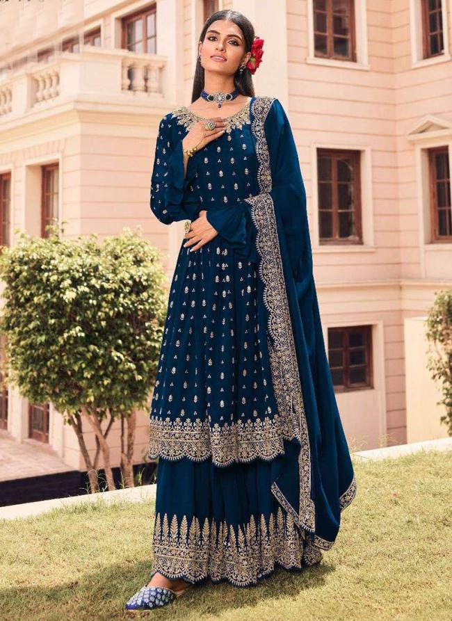 Blue Faux Georgette Traditional Wear Embroidery Work Palazzo Suit