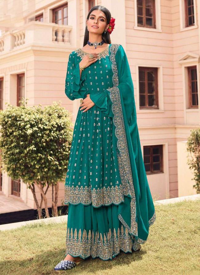 Firozi Faux Georgette Traditional Wear Embroidery Work Palazzo Suit
