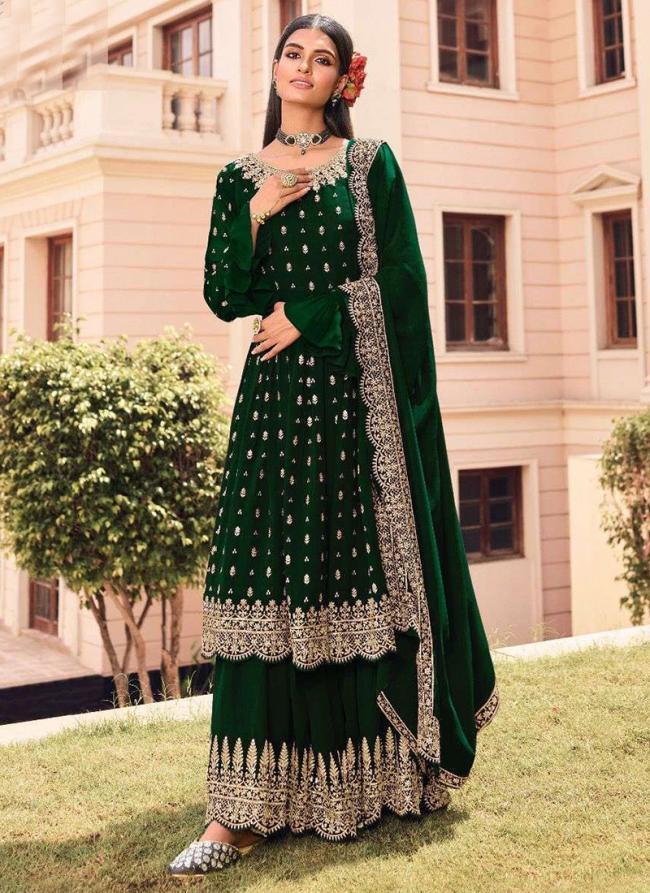 Green Faux Georgette Traditional Wear Embroidery Work Palazzo Suit