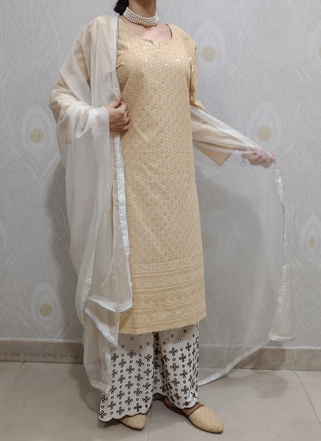 Beige Cambric Cotton Party Wear Sequins Work Readymade Salwar Suit