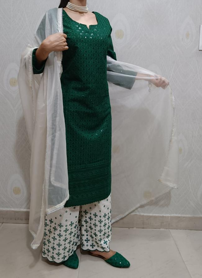 Bottle Green Cambric Cotton Party Wear Sequins Work Readymade Salwar Suit