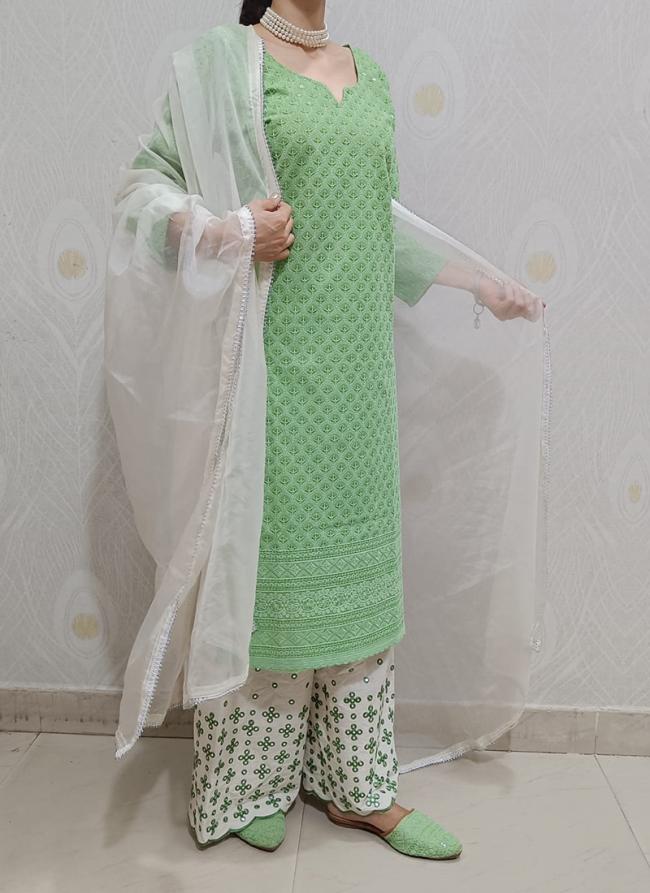 Pista Green Cambric Cotton Party Wear Sequins Work Readymade Salwar Suit