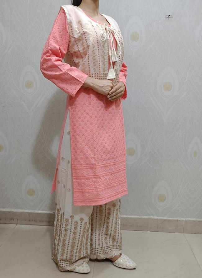 Pink Cambric Cotton Festival Wear Sequins Work Kurti With Palazzo