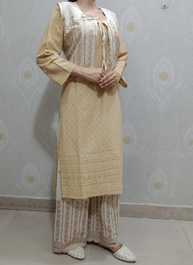 Cream Cambric Cotton Festival Wear Sequins Work Kurti With Palazzo