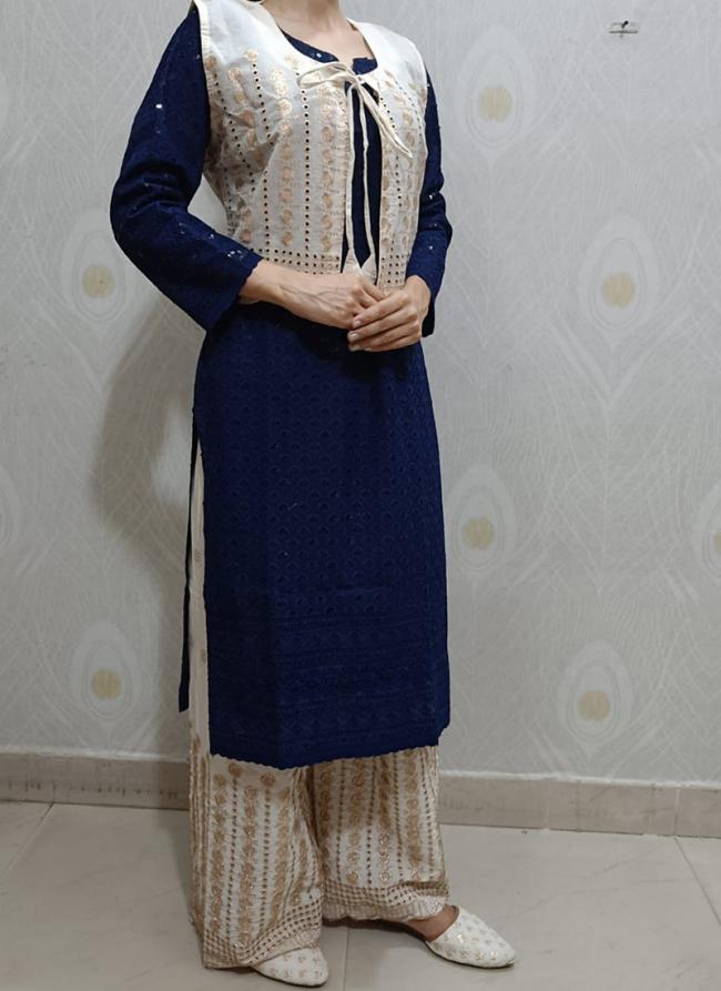 Navy Blue Cambric Cotton Festival Wear Sequins Work Kurti With Palazzo