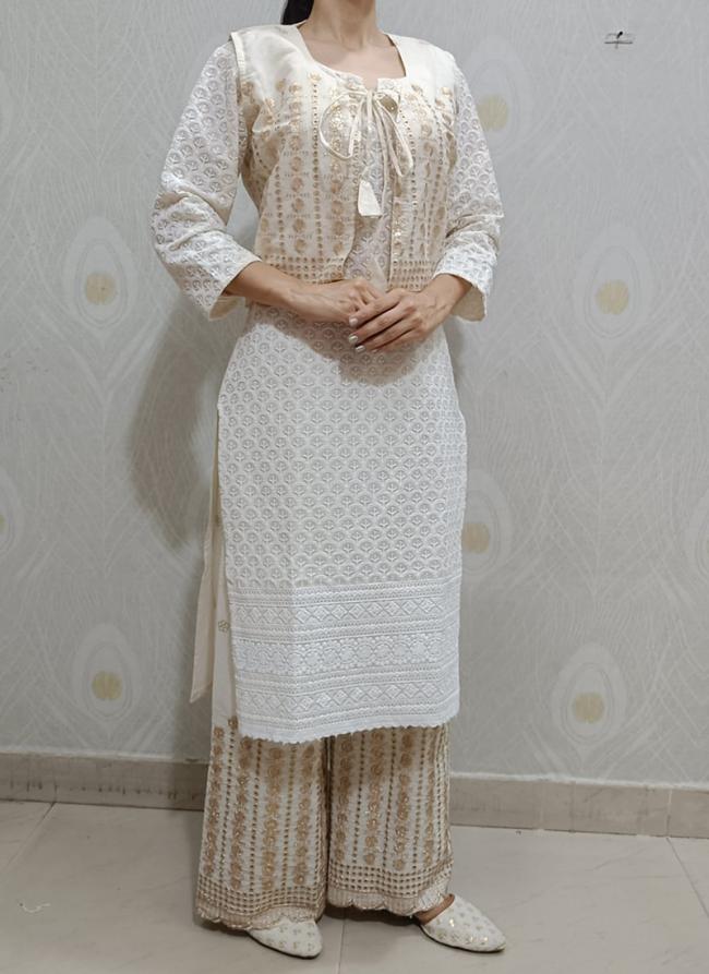 White Cambric Cotton Festival Wear Sequins Work Kurti With Palazzo