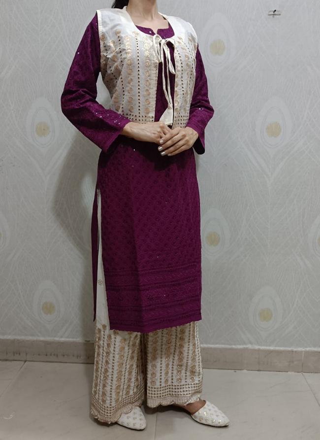 Wine Cambric Cotton Festival Wear Sequins Work Kurti With Palazzo