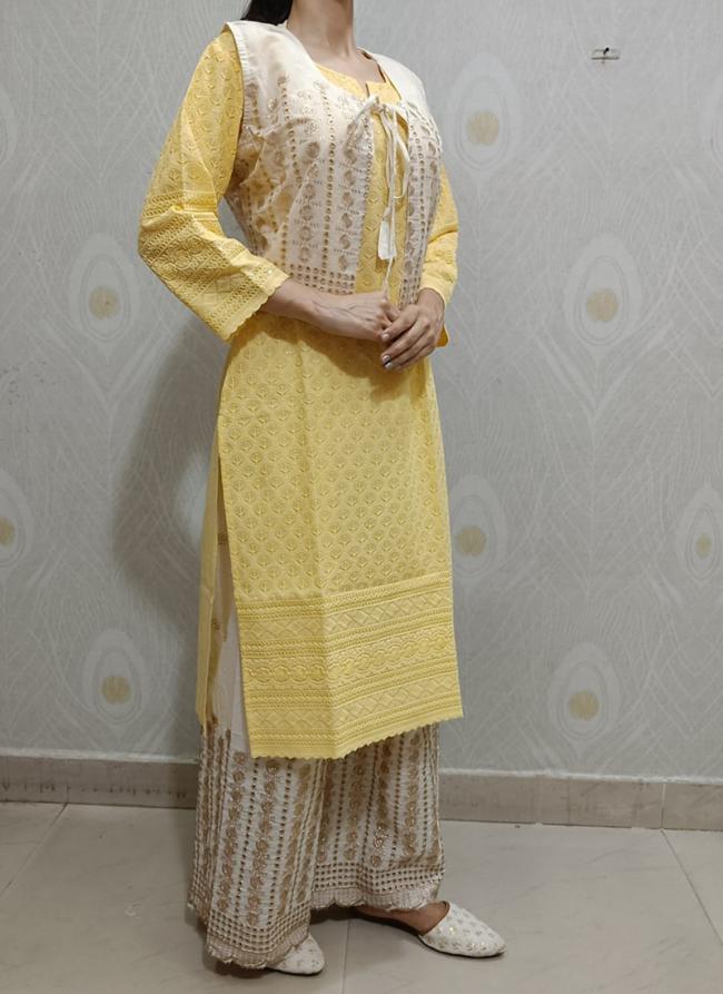 Yellow Cambric Cotton Festival Wear Sequins Work Kurti With Palazzo