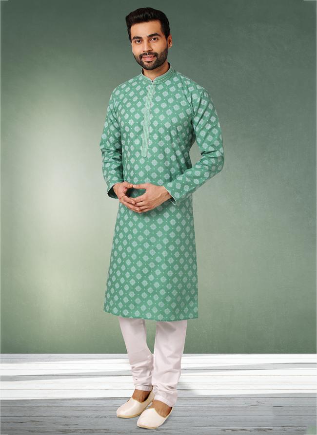 Green Festival Wear Printed Work  Cotton Kurta Pajama