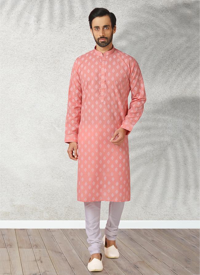 Pink Festival Wear Printed Work  Cotton Kurta Pajama