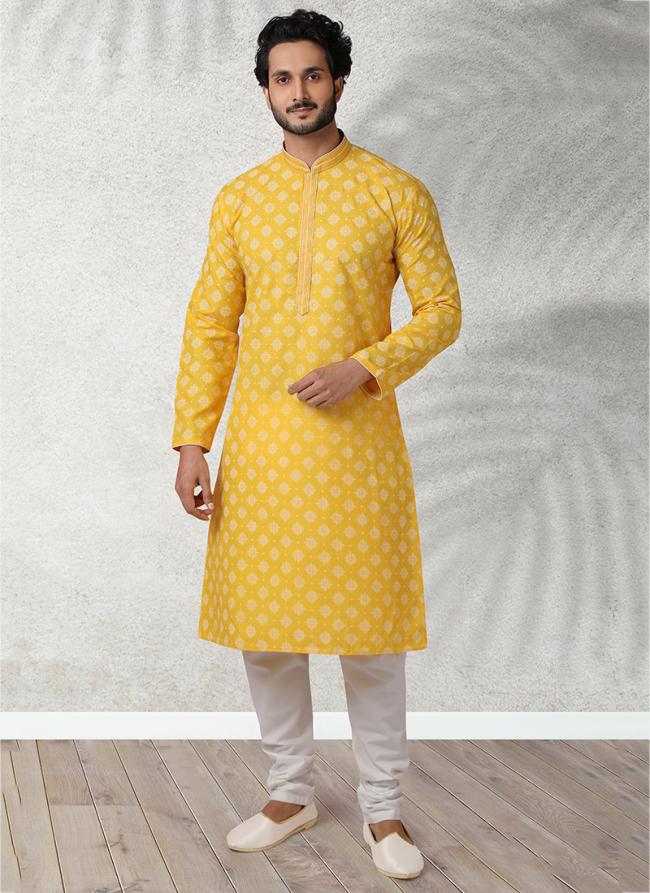 Yellow Festival Wear Printed Work  Cotton Kurta Pajama