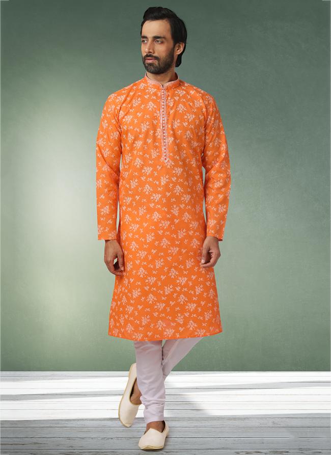 Orange Cotton Festival Wear Printed Work Kurta Pajama