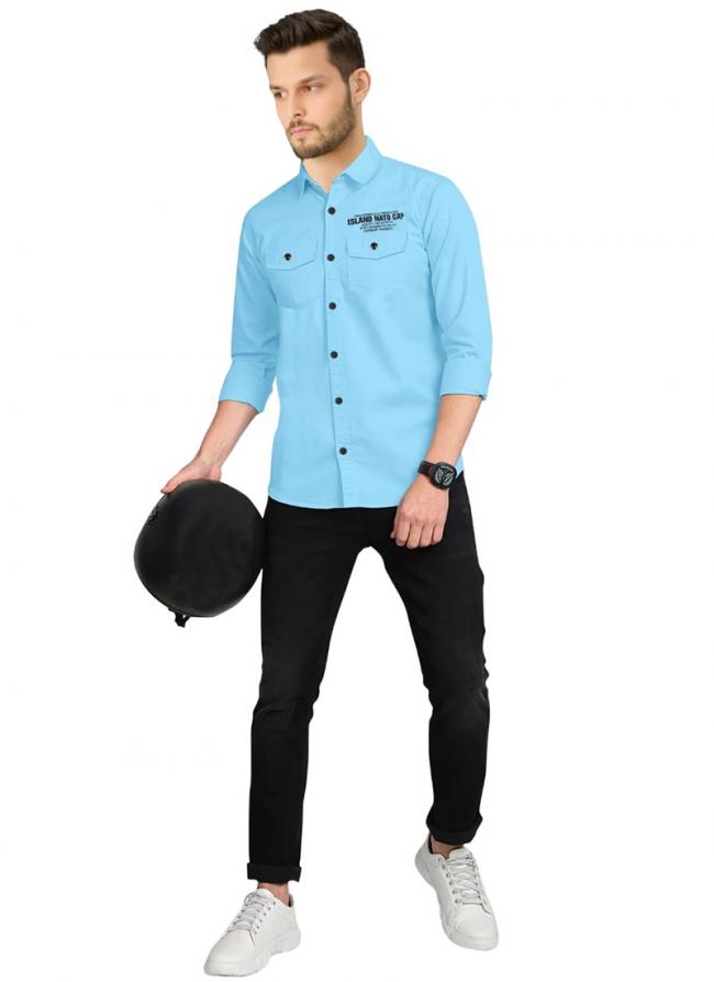 Sky Blue Cotton Casual Wear Plain Shirt