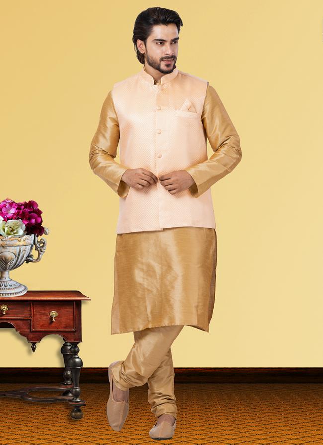 Peach Dupion Raw Silk Traditional Wear Weaving Kurta Pajama With Waistcoat