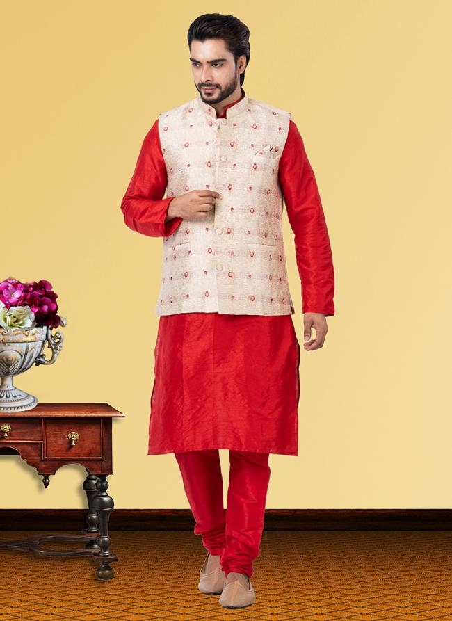 Cream Dupion Raw Silk Traditional Wear Weaving Kurta Pajama With Waistcoat