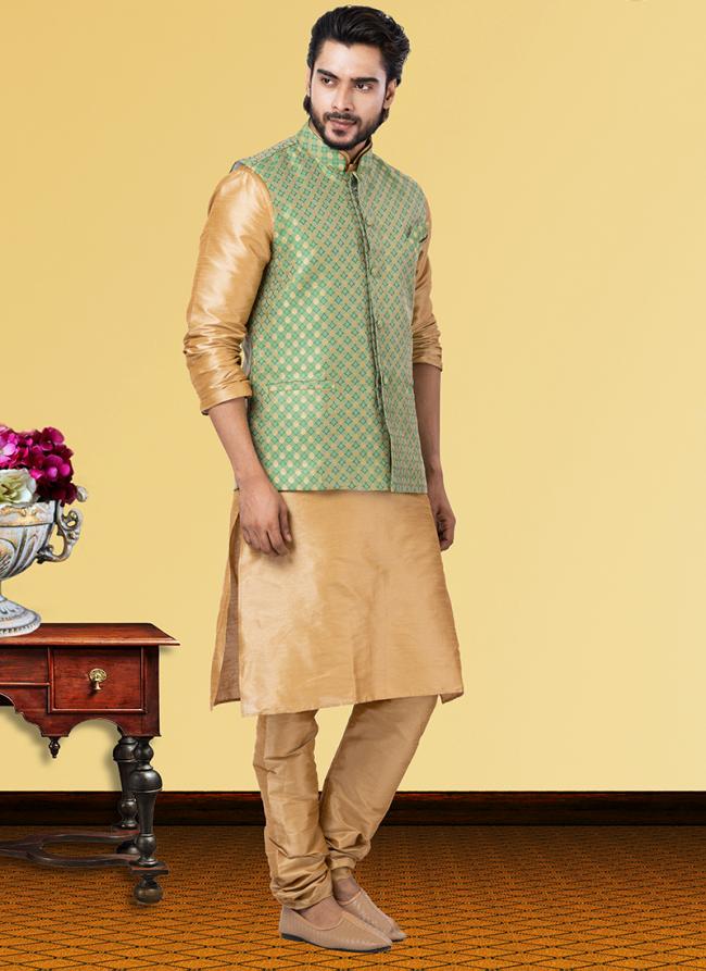 Light Pista Dupion Raw Silk Traditional Wear Weaving Kurta Pajama With Waistcoat