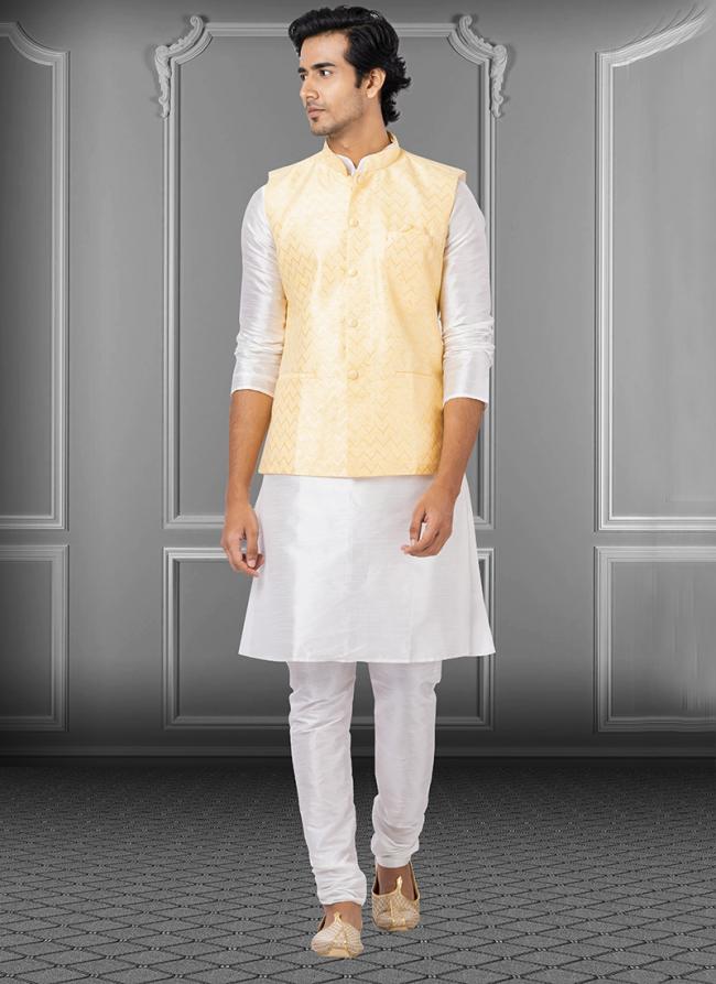 Beige Dupion Raw Silk Traditional Wear Weaving Kurta Pajama With Waistcoat