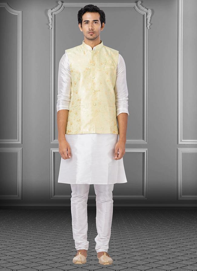 Beige Dupion Raw Silk Traditional Wear Weaving Kurta Pajama With Waistcoat