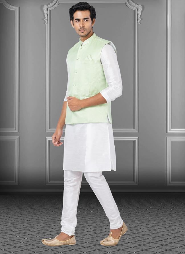 Light Pista Dupion Raw Silk Traditional Wear Weaving Kurta Pajama With Waistcoat