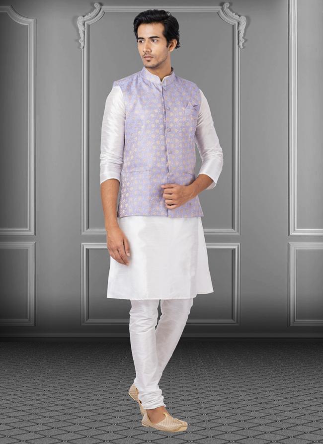 Light Purple Dupion Raw Silk Traditional Wear Weaving Kurta Pajama With Waistcoat