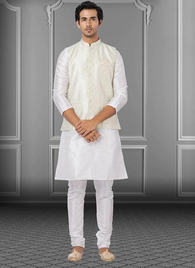 Off White Dupion Raw Silk Traditional Wear Weaving Kurta Pajama With Waistcoat