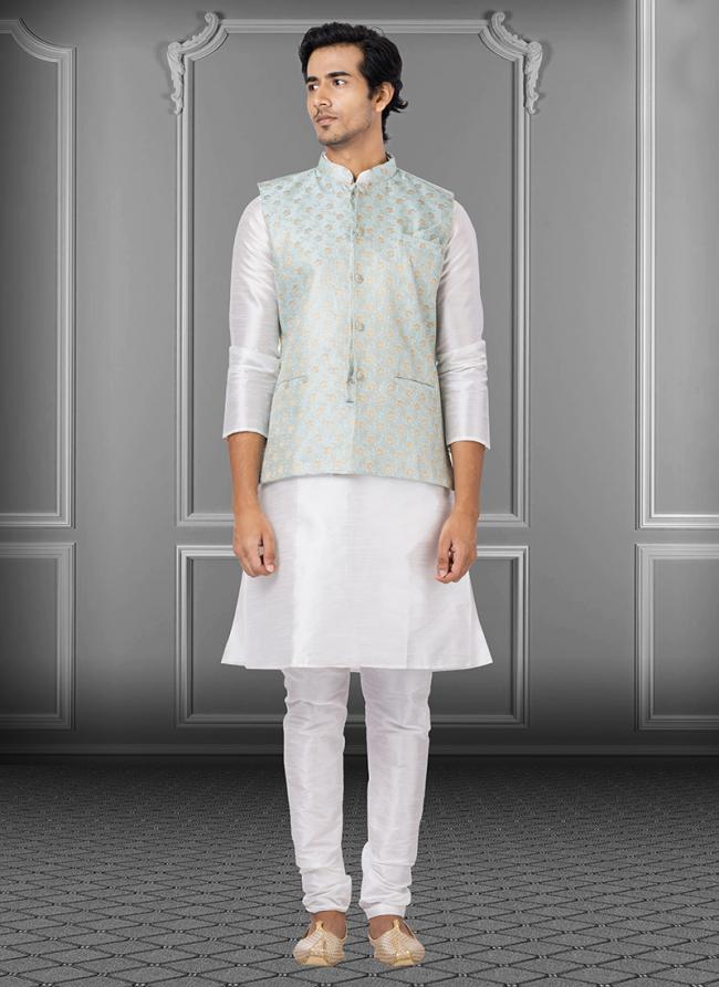 Sky Blue Dupion Raw Silk Traditional Wear Weaving Kurta Pajama With Waistcoat