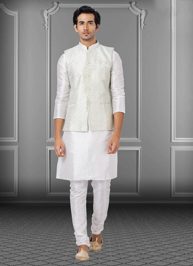 White Dupion Raw Silk Traditional Wear Weaving Kurta Pajama With Waistcoat