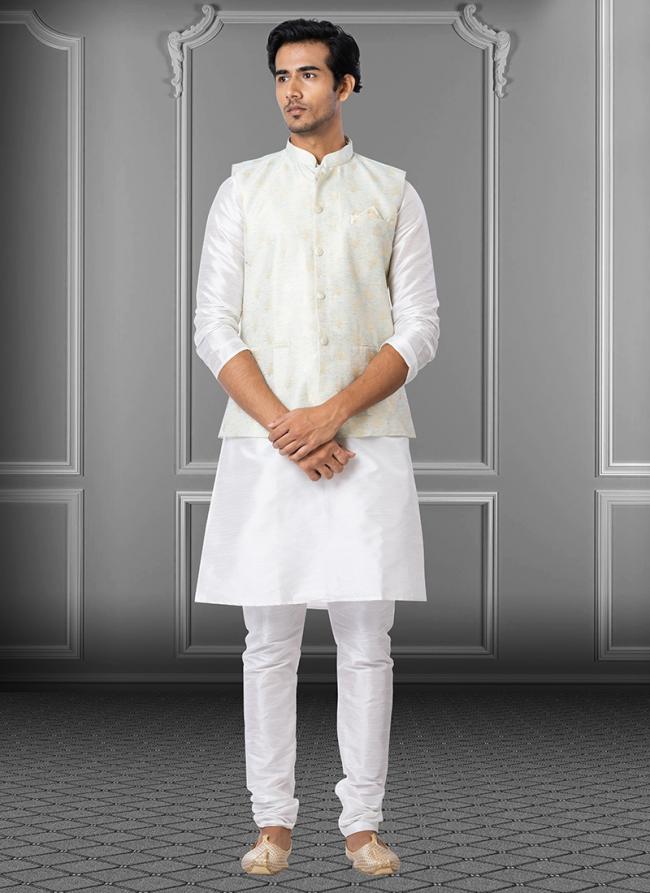 White Dupion Raw Silk Traditional Wear Weaving Kurta Pajama With Waistcoat