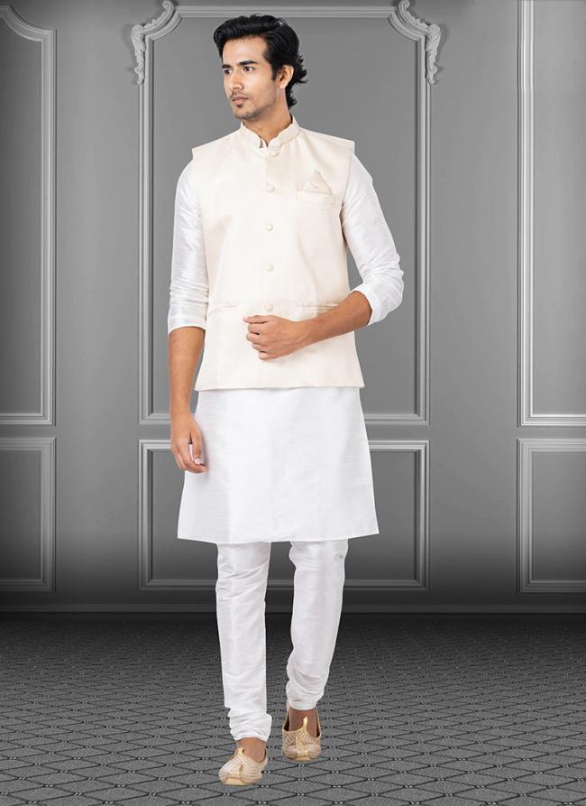 Cream Dupion Raw Silk Traditional Wear Weaving Kurta Pajama With Waistcoat