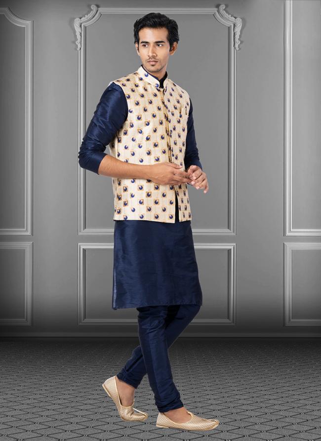 Cream Dupion Raw Silk Traditional Wear Weaving Kurta Pajama With Waistcoat