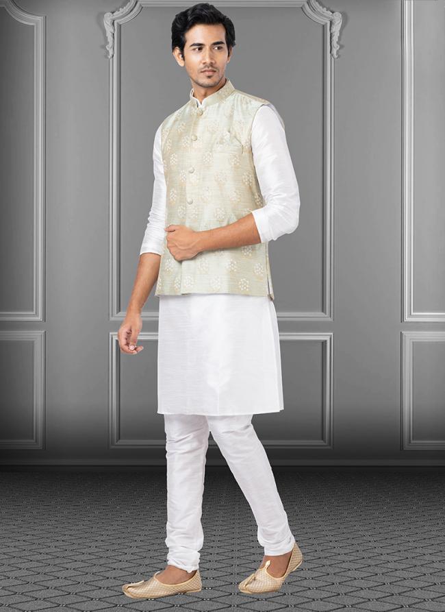 Grey Dupion Raw Silk Traditional Wear Weaving Kurta Pajama With Waistcoat