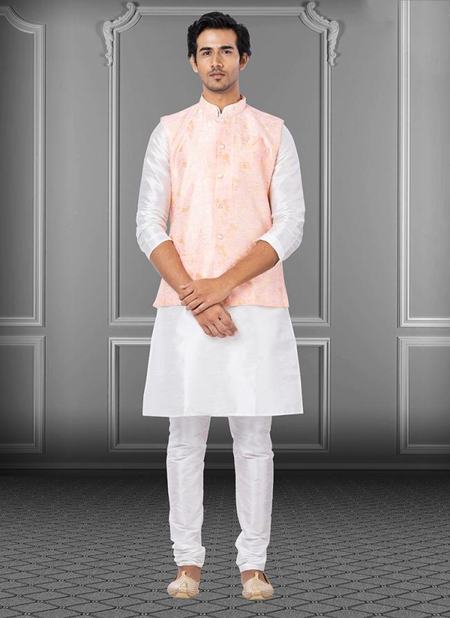 Light Pink Dupion Raw Silk Traditional Wear Weaving Kurta Pajama With Waistcoat