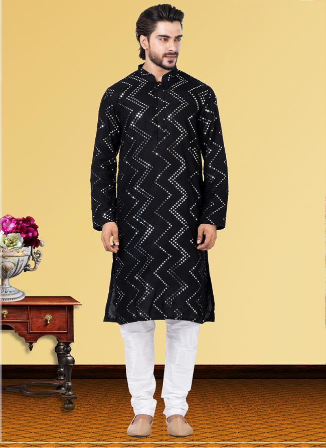 Black Georgette Festival Wear Mirror Work Kurta Pajama