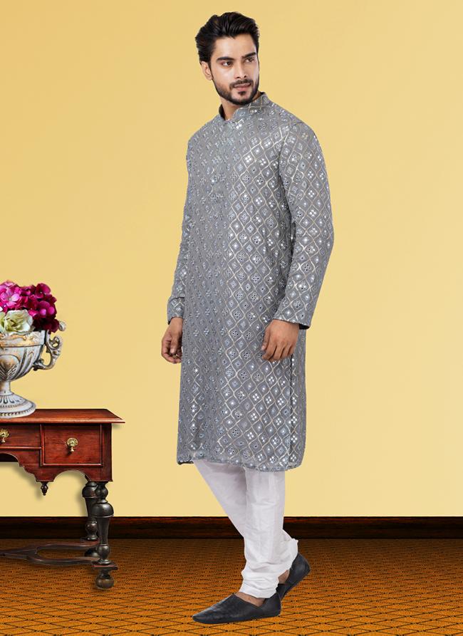 Grey Georgette Festival Wear Mirror Work Kurta Pajama