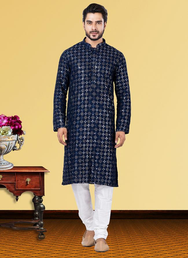 Navy Blue Georgette Festival Wear Mirror Work Kurta Pajama