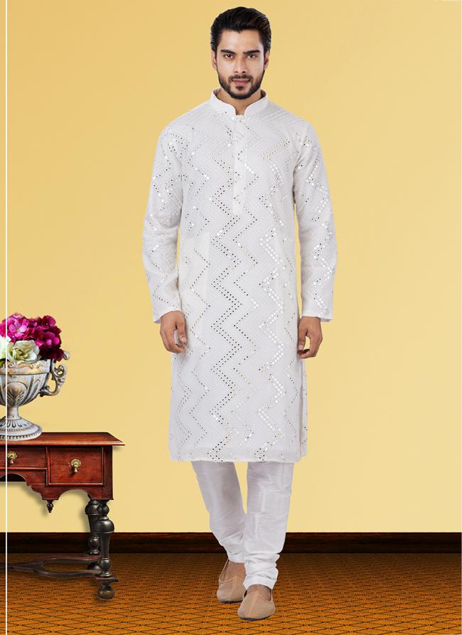 White Georgette Festival Wear Mirror Work Kurta Pajama