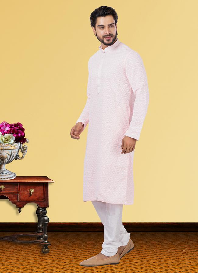 Light Pink Georgette Festival Wear Chikan Work Kurta Pajama