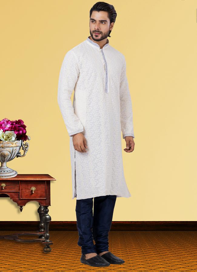 Off White Georgette Festival Wear Chikan Work Kurta Pajama