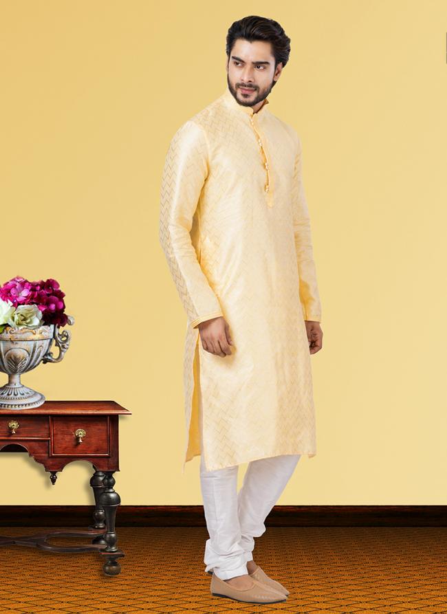 Yellow Linen Silk Festival Wear Weaving Kurta Pajama