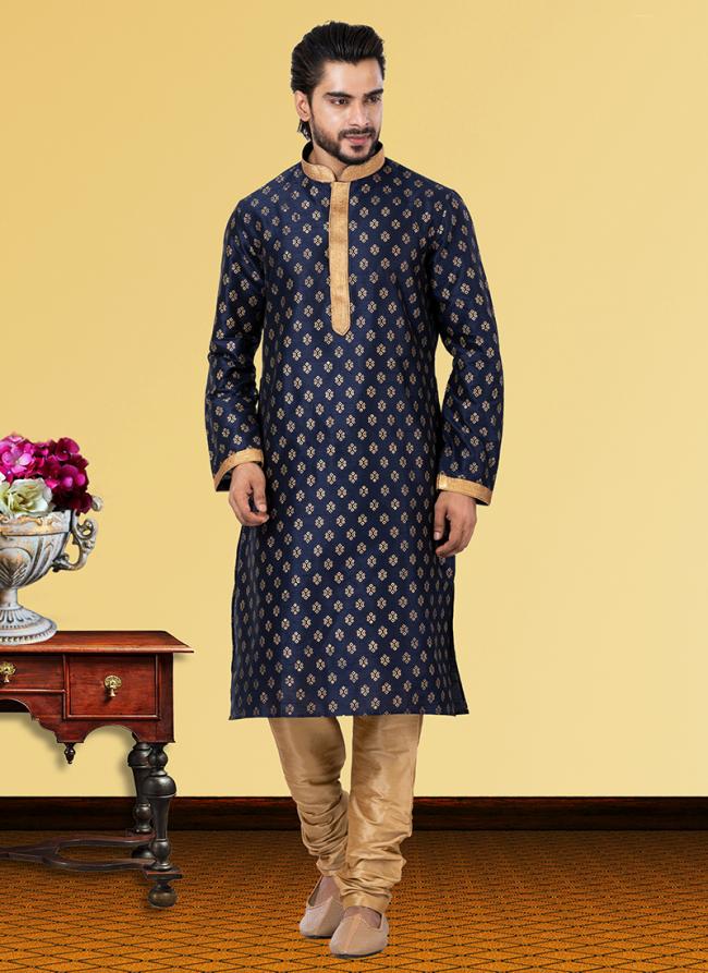 Navy Blue Dhupion Print Festival Wear Weaving Kurta Pajama