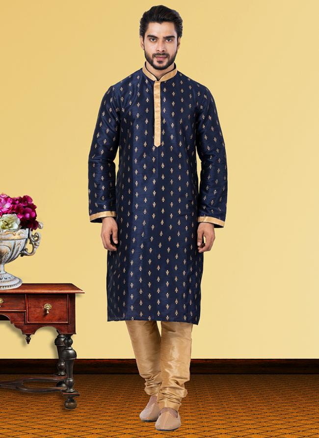 Navy Blue Dhupion Print Festival Wear Weaving Kurta Pajama