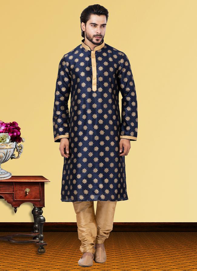 Navy Blue Dhupion Print Festival Wear Weaving Kurta Pajama