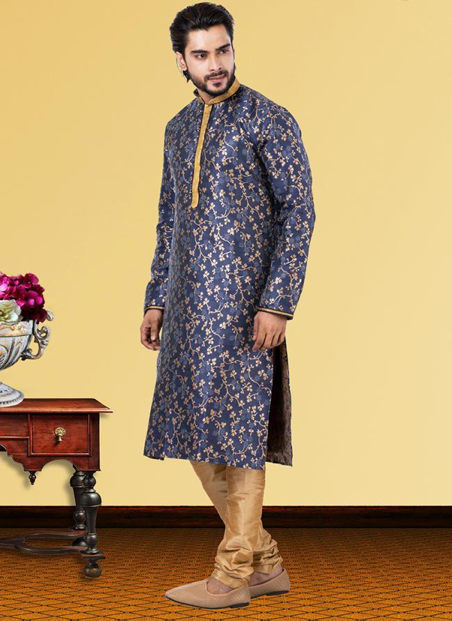 Navy Blue Jacquard Festival Wear Weaving Kurta Pajama