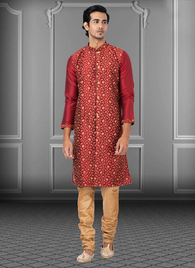 Maroon Embroidered Dhupion Festival Wear Weaving Kurta Pajama