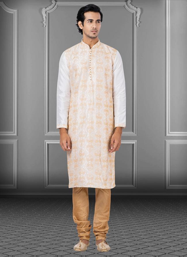 White Embroidered Dhupion Festival Wear Weaving Kurta Pajama