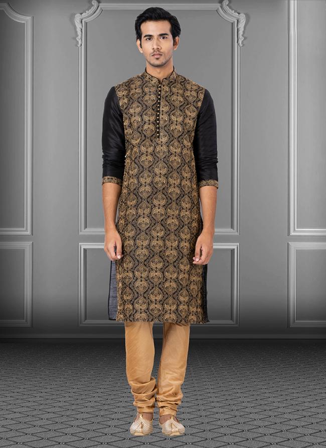 Black Embroidered Dhupion Festival Wear Weaving Kurta Pajama