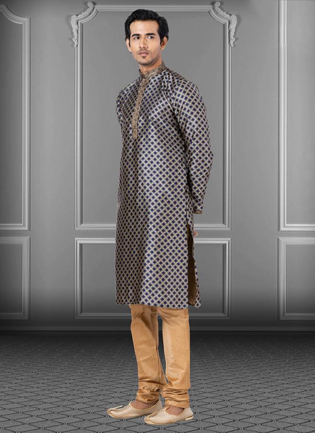 Navy Blue Jacquard Festival Wear Weaving Kurta Pajama