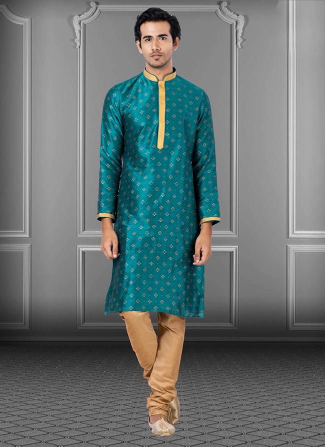 Rama Green Dhupion Print Festival Wear Weaving Kurta Pajama